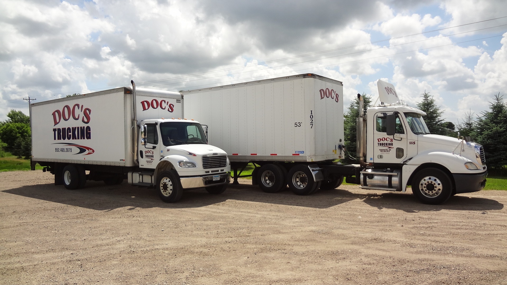 Straight truck and tractor with van trailer at Doc's Trucking in Minnesota